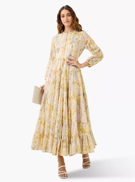Printed Tiered Dress with Mandarin Collar and Long Sleeves