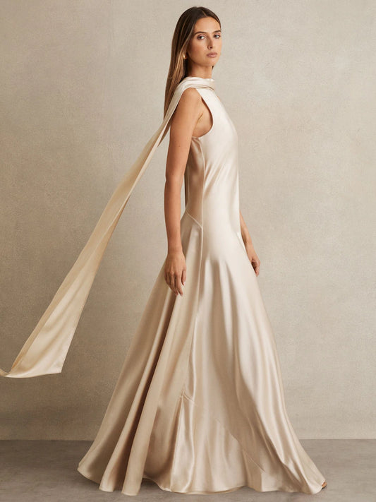 Reiss Champagne Fae Satin Cape Maxi Dress