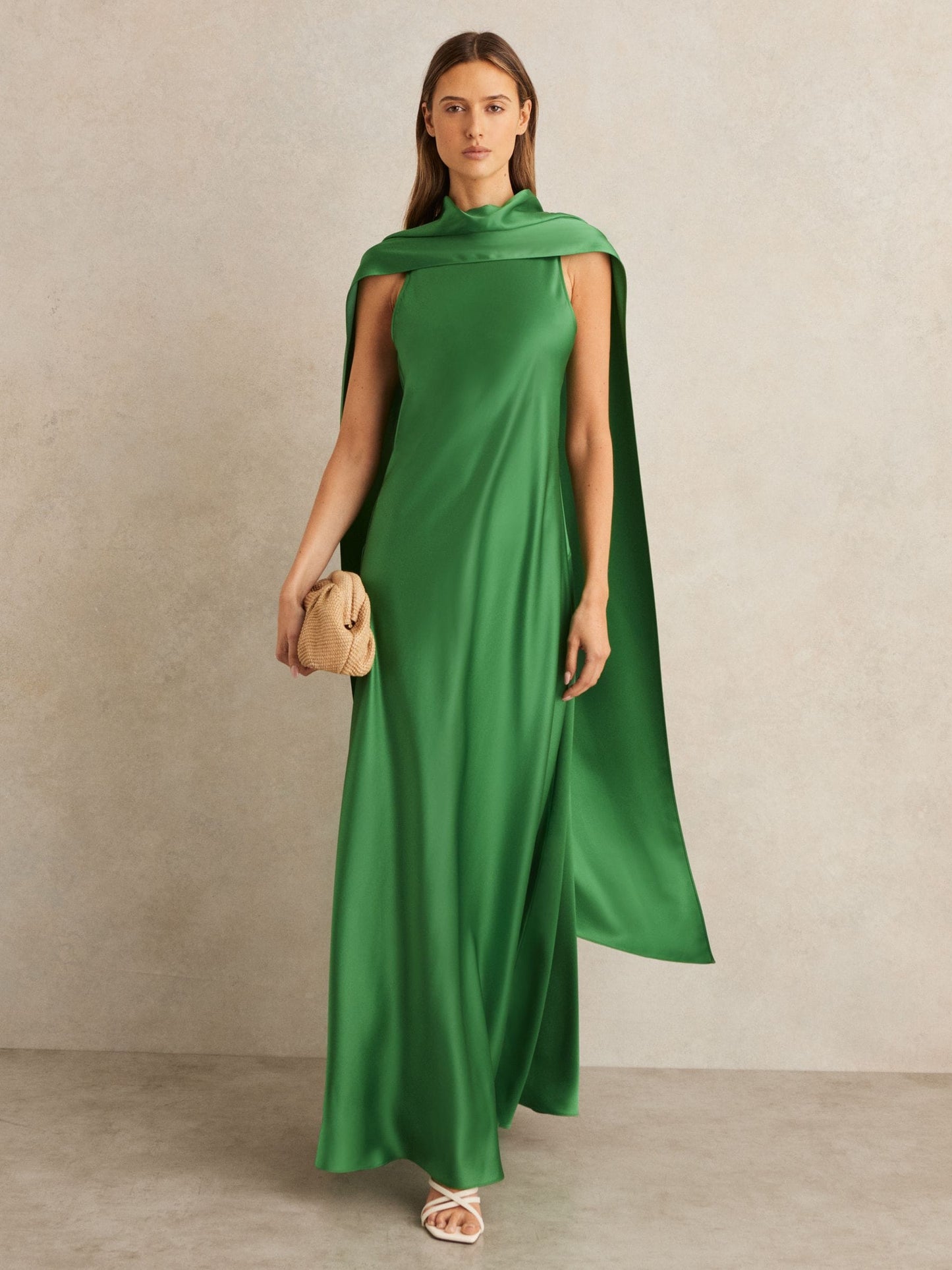 Reiss Champagne Fae Satin Cape Maxi Dress